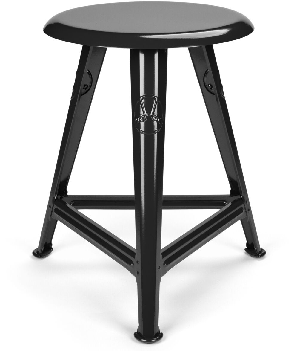 Abbildung eines schwarzen Industriehockers der Marke Rowac-Schemel mit runder Sitzfläche und drei stabilen Stahlbeinen auf weißem Hintergrund. Der Hocker besitzt einen minimalistischen, robusten Look im Vintage-Stil, ideal für Werkstatt, Atelier oder modernes Loft.