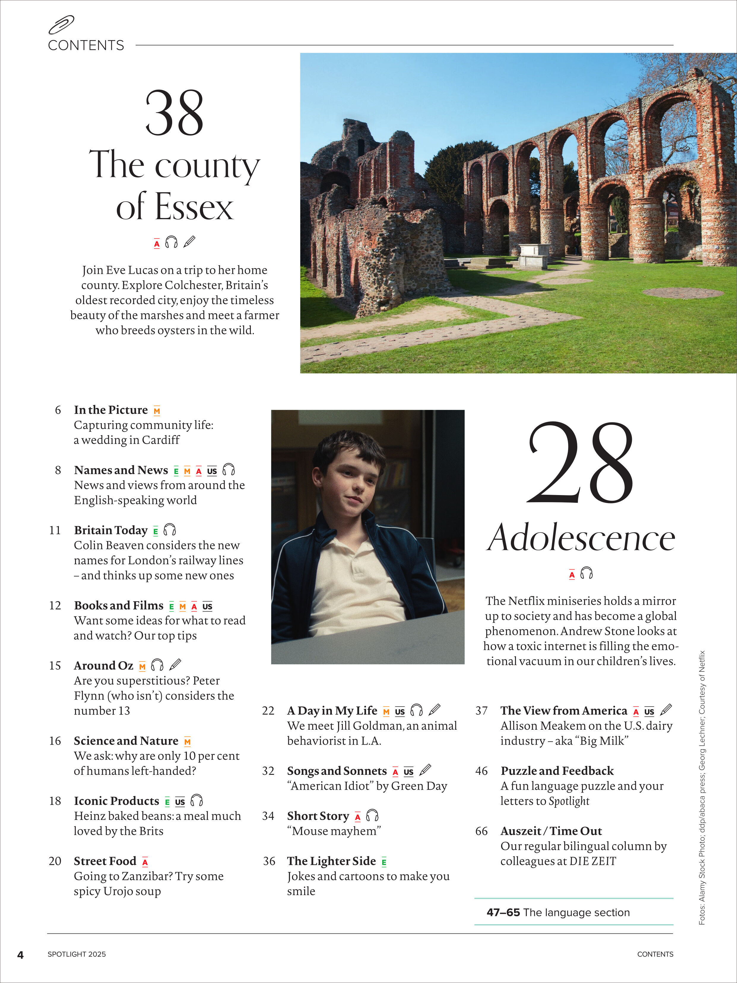 Seite aus dem Spotlight Magazin 7/2025 mit einem Bild der römischen Ruinen von Essex und einem jungen Mann. Die Artikelthemen beinhalten Reisen, Kultur und Gesellschaft.