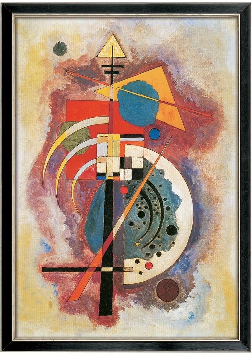 Ein Gemälde von Wassily Kandinsky aus dem Jahr 1926 mit dem Titel »Hommage à Grohmann«. Es zeigt eine abstrakte Komposition aus geometrischen Formen und leuchtenden Farben wie Blau, Rot, Gelb, Schwarz und Weiß. Das Bild ist in einem schwarzen Rahmen gefasst.