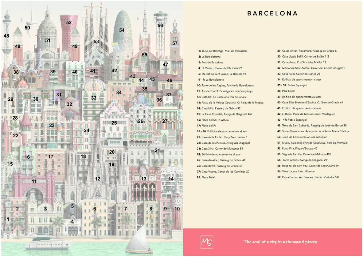 Puzzle mit 1000 Teilen zeigt eine farbenfrohe und detailreiche Illustration der Stadt Barcelona, mit ikonischen Gebäuden und einem Segelboot im Vordergrund.