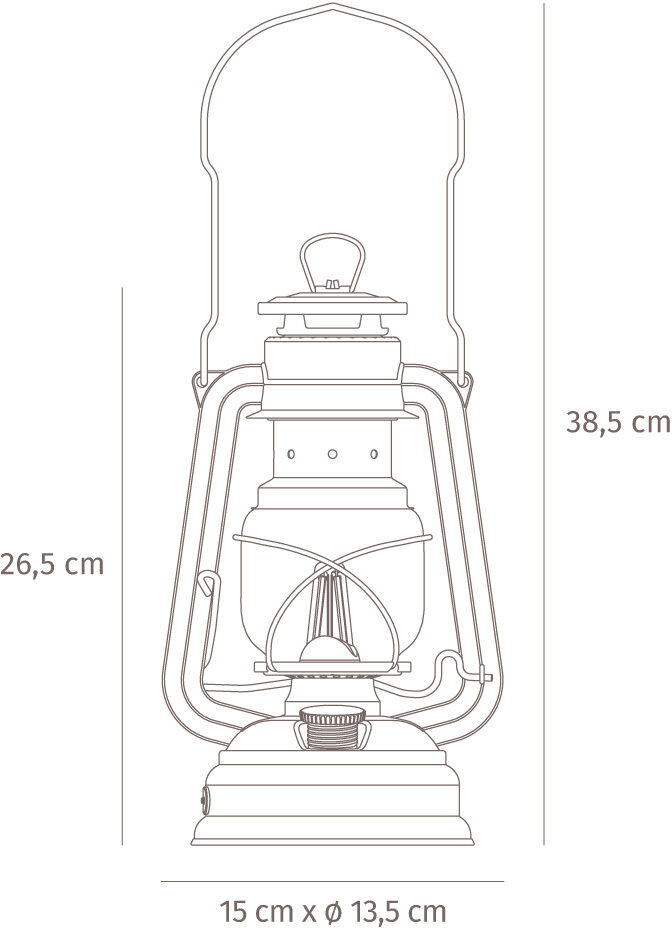 Abbildung der LED Laterne »Baby Special 276« in einem Retro-Design. Maße: Höhe 38,5 cm, Breite 15 cm, Tiefe 13,5 cm. Laterne hat eine klassische Form und erinnert an eine traditionelle Sturmlaterne.
