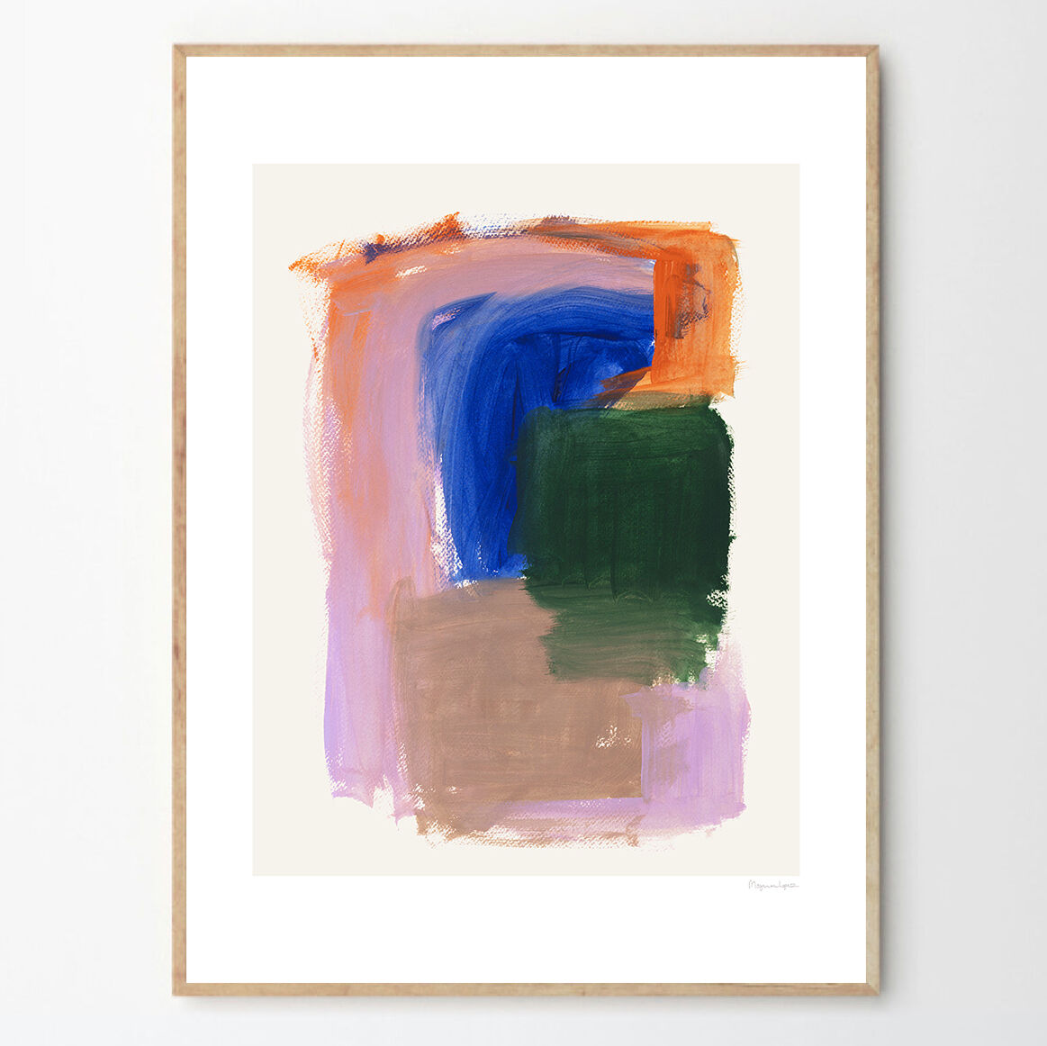 Ein abstraktes Kunstwerk von Berit Mogensen Lopez mit verschiedenen Farbfeldern in Orange, Blau, Grün, Lila, Braun und Beige, gerahmt in einem schlichten Holzrahmen.