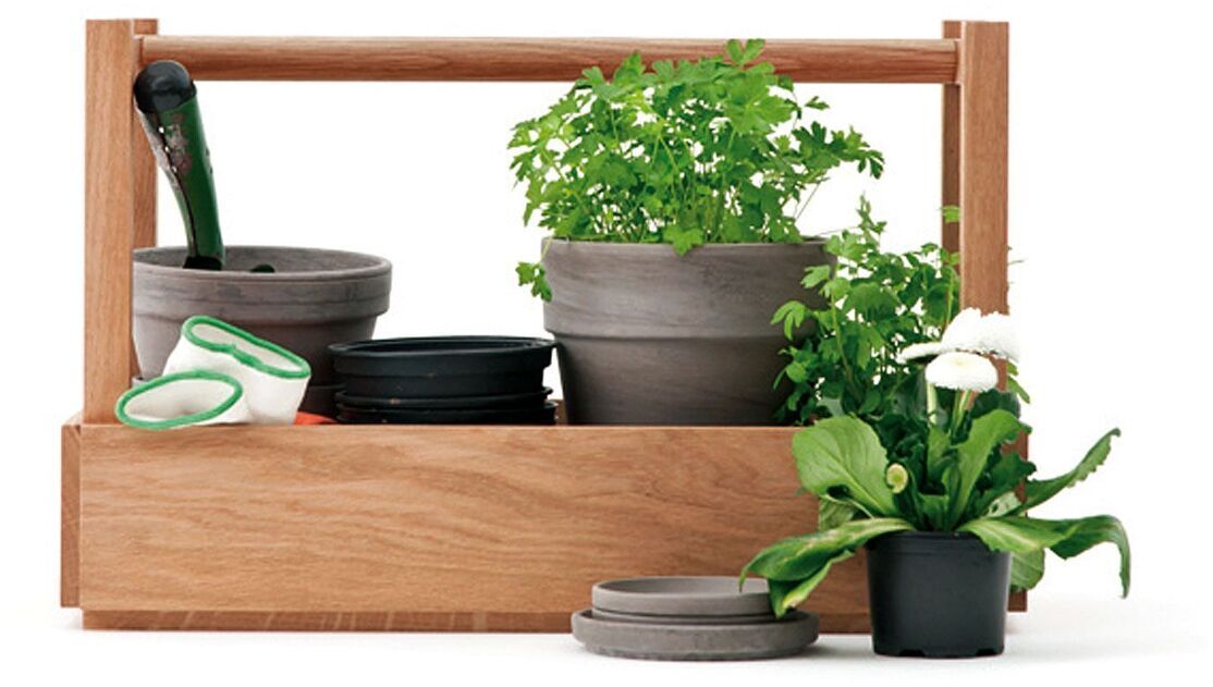 Eine Werkzeugbank aus Eichenholz, ausgestattet mit verschiedenen Gartengeräten und Blumentöpfen, einige mit grünen Pflanzen und weißer Blume.