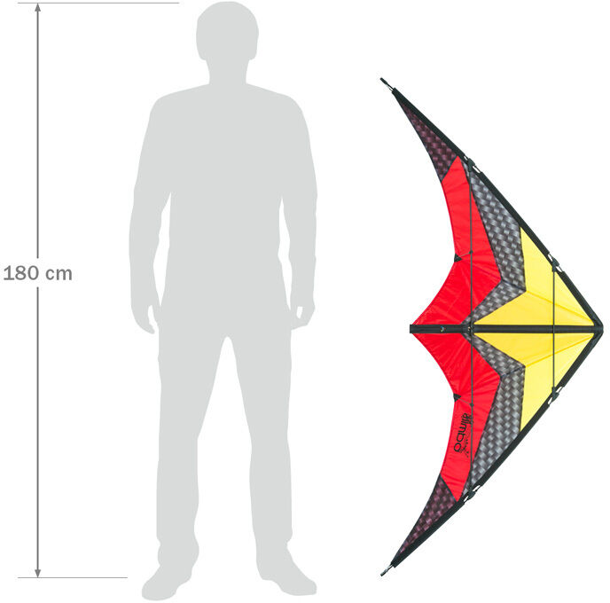 Bunter Lenkdrachen Limbo II Lava mit roten, gelben und schwarzen Farbakzenten. Ein Diagramm zeigt die Größe des Drachens im Vergleich zu einer 180 cm großen Person. Ideal für Outdoor-Aktivitäten und Kinder.