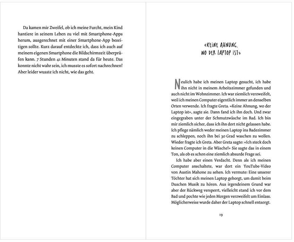 Eine Doppelseite aus dem Buch mit Textpassagen in schwarz-weißer Typografie. Links stehen Absätze, die über Smartphone-Apps und persönliche Erlebnisse sprechen, während rechts über Ablenkungen durch Technologie und die Bedeutung eines Laptops geschrieben wird.