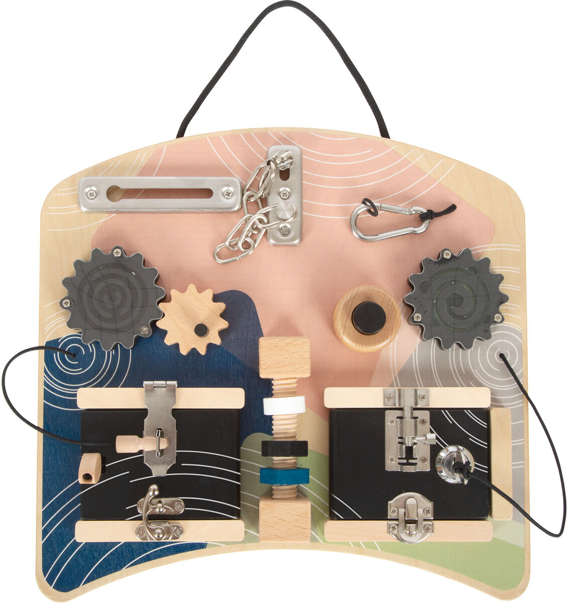 Ein Motorikbrett mit verschiedenen Schlössern, Zahnrädern und Rotationsmechanismen, überwiegend aus Holz gefertigt. Es dient zur Förderung der Feinmotorik und ist für Kinder geeignet.