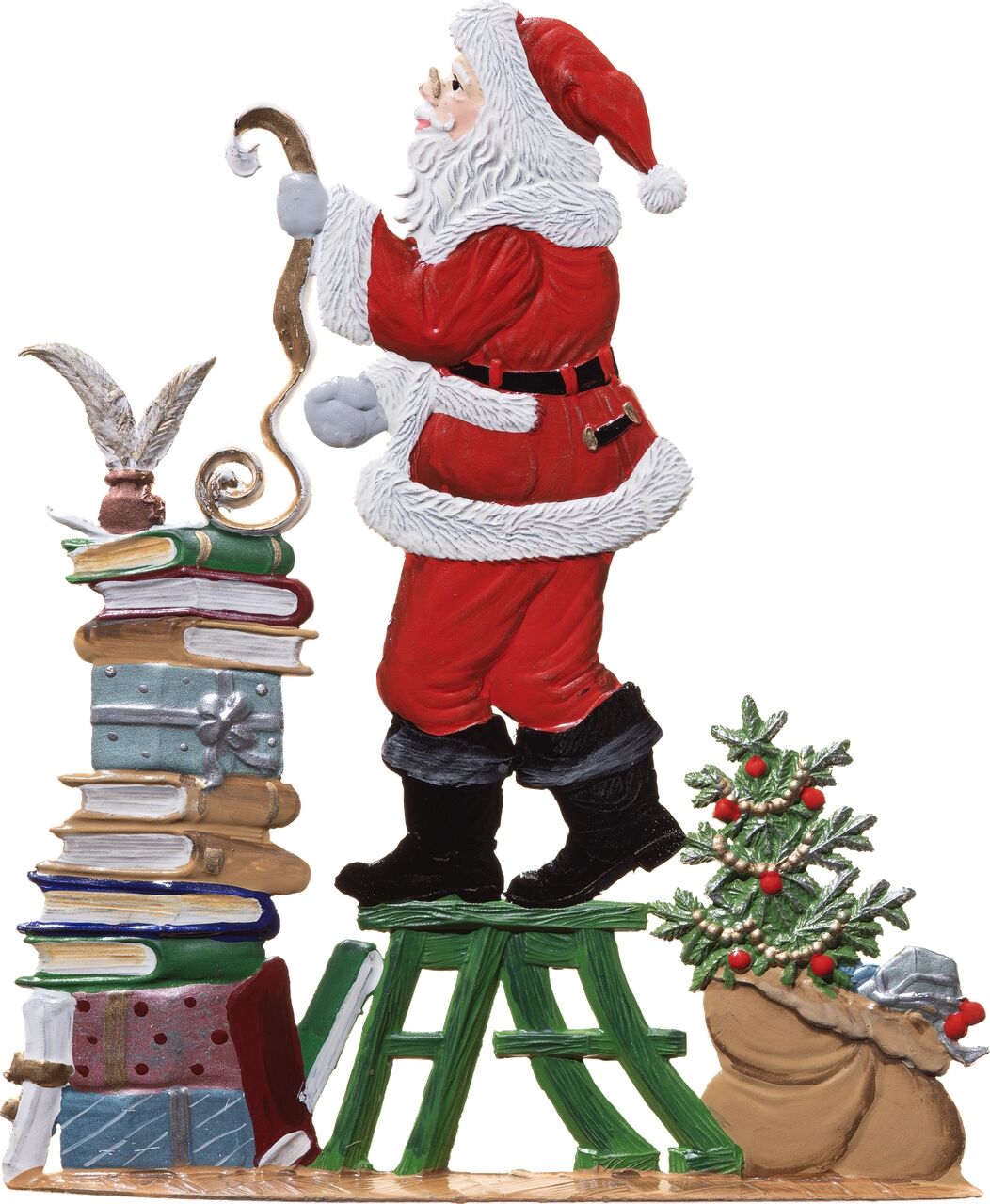 Zinnfigur zeigt einen Weihnachtsmann im roten Anzug mit weißem Bart, der auf einer grünen Leiter neben einem Stapel bunter Bücher steht. Neben ihm ein kleiner geschmückter Tannenbaum und ein Sack mit Geschenken. Die detailreiche Weihnachtsdekoration verbindet Literaturthema mit festlicher Stimmung.