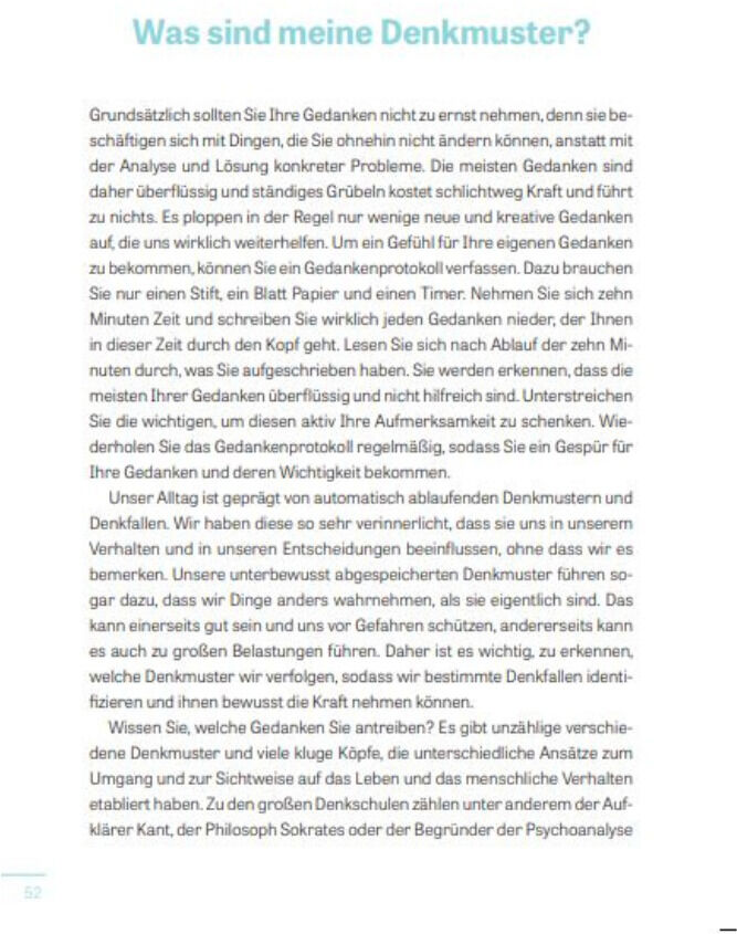 Eine Seite aus dem Magazin ZEIT WISSEN mit dem Titel »Was sind meine Denkmuster?«. Es handelt sich um einen Textartikel, der sich mit Denkprozessen und Selbsterkenntnis beschäftigt. Der Text ist auf weißem Hintergrund gedruckt, die Überschrift ist blau.