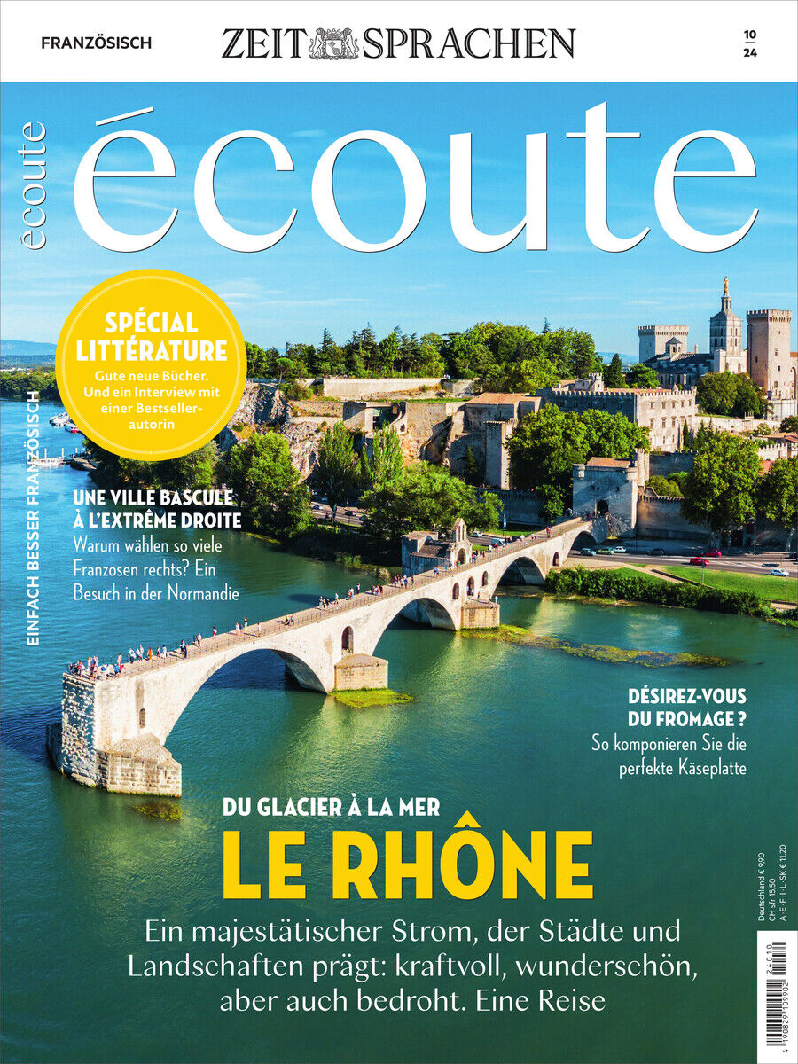 Cover des Magazins Écoute 10/2024. Der Titel ist groß und grün auf einem Foto des Flusses Rhone mit einer mittelalterlichen Brücke und Gebäuden im Hintergrund. Zahlreiche Artikeltexte sind in verschiedenen Farben und Schriftarten auf dem Cover verteilt.