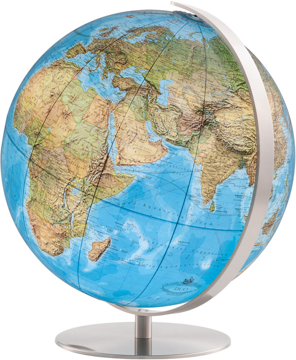 Desktop-Globus DUO Regent zeigt detaillierte Weltkarte mit blauen Ozeanen, grünen und braunen Landmassen, unterstützt von einem eleganten weißen Ständer und Basis.