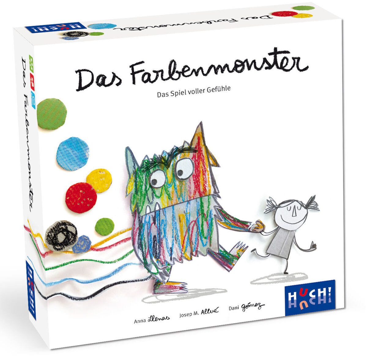 Das Bild zeigt das Spiel »Das Farbenmonster - Das Spiel« von Huch! in einer weißen Box. Auf der Vorderseite der Box ist ein buntes, strubbeliges Monster namens Farbenmonster zusammen mit einem kleinen Mädchen abgebildet. Der Hintergrund ist weiß mit bunten Farbkugeln und ausländischen Linien.