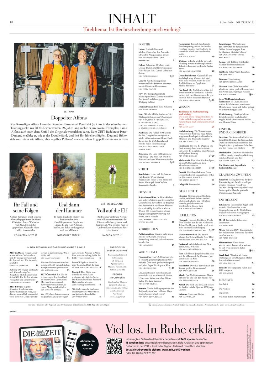 Seite mit Inhaltsverzeichnis der Wochenzeitung DIE ZEIT 25/2026. Oben ein großes Foto mit zwei Personen in orangefarbenen Jacken vor Kleiderständern. Darunter drei kleinere Fotos und diverse Texte. Unten Werbung für ein ZEIT-Abo.