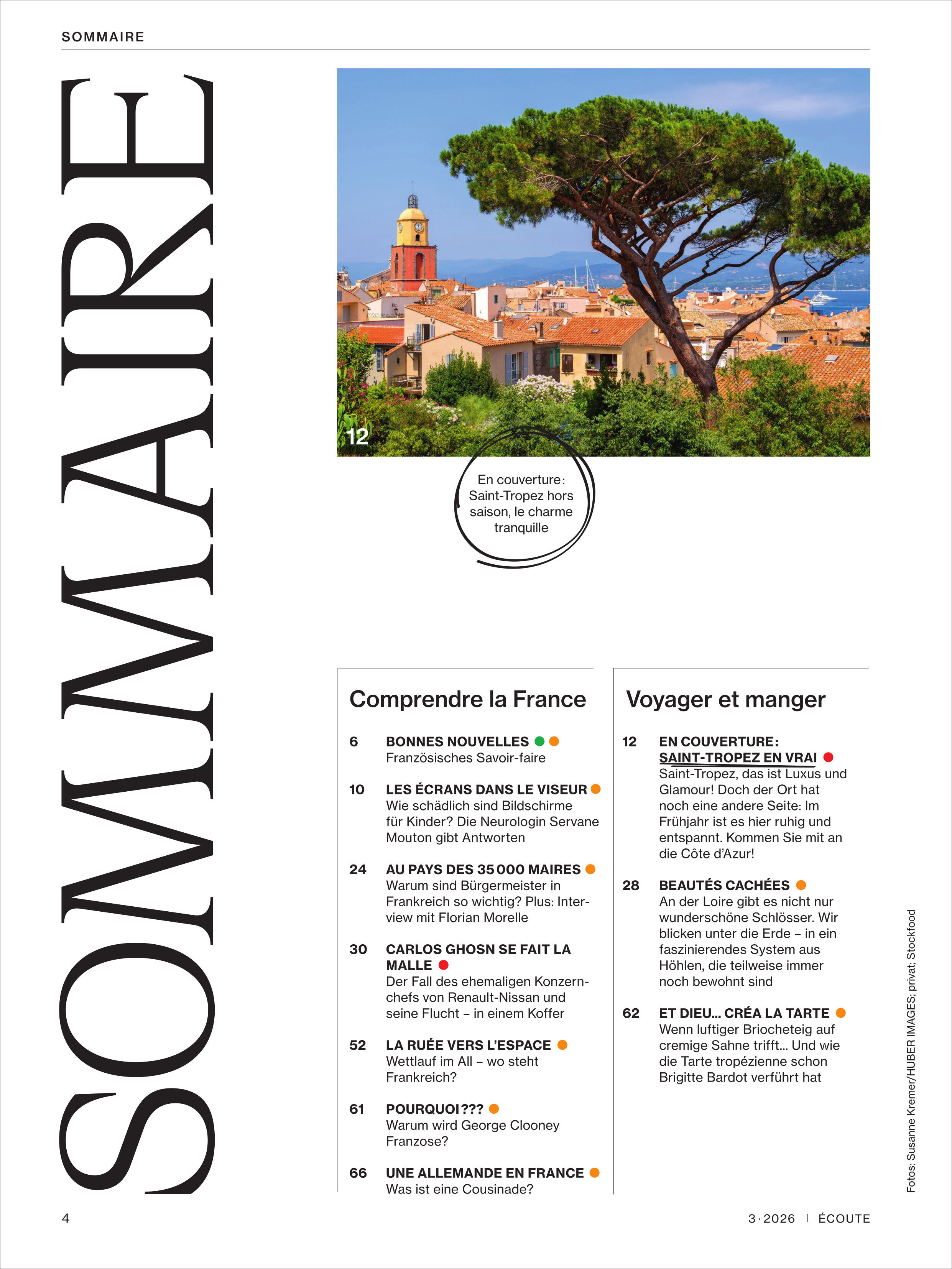 Magazinseite aus dem Écoute Magazin 3/2026. Links großes, vertikal gesetztes „SOMMAIRE“, rechts Inhaltsverzeichnis mit Beiträgen zu Kultur, Essen und Sprache Frankreichs. Oben mittig ein Foto mit Baum, mediterranen Häusern und bewölktem Himmel, darunter runder Bildhinweis.