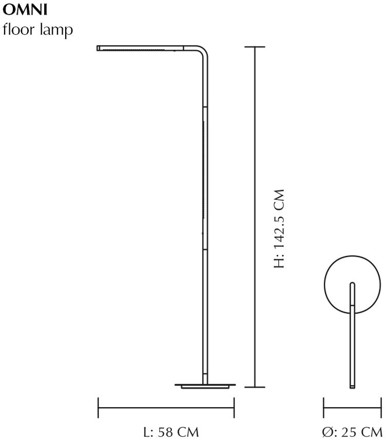 Konstruktionszeichnung der Stehleuchte »Omni« der Marke Umage. Die Lampe besitzt einen schlanken, rechtwinkligen Korpus mit rundem Standfuß, 142,5 cm hoch, 58 cm lang, 25 cm Durchmesser des Fußes. Seitliche und frontale Ansicht auf weißem Hintergrund.