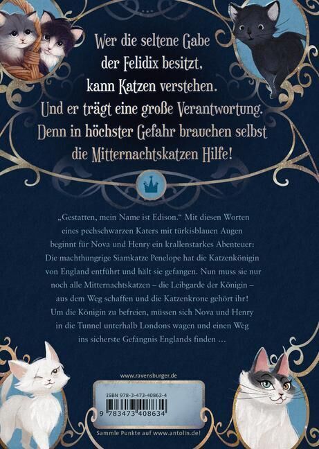 Das Bild zeigt die Rückseite des Buches 'Laban, Barbara: Mitternachtskatzen, Band 1: Die Schule der Felidix'. Es enthält eine Beschreibung des Buchinhalts und eine Abbildung von mehreren Katzen. Der Hintergrund ist überwiegend blau und mehrere weiße und schwarze Katzen sind abgebildet. Der Text auf der Rückseite ist in weißer Schrift. Oben befindet sich eine Krone als Illustration. Eine ISBN-Nummer ist ebenfalls zu sehen.