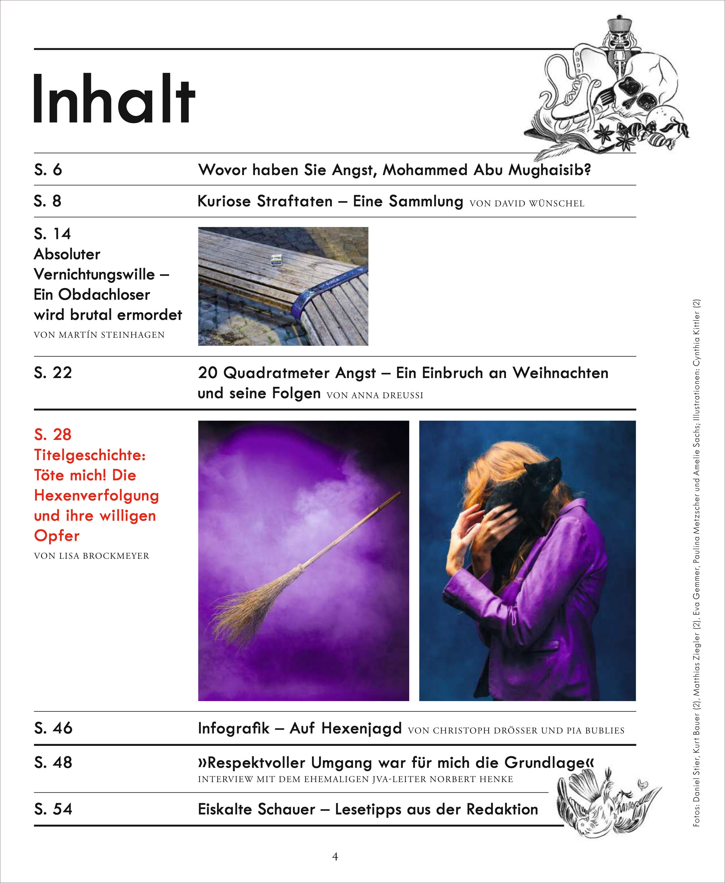 Auf weißem Hintergrund ist das Inhaltsverzeichnis einer ZEIT VERBRECHEN-Ausgabe zu sehen. Links stehen schwarze Überschriften, daneben kurze Artikelbeschreibungen. Kleine quadratische Vorschaubilder und rote Hervorhebungen betonen einzelne Themen. Die Gestaltung wirkt klar und strukturiert.