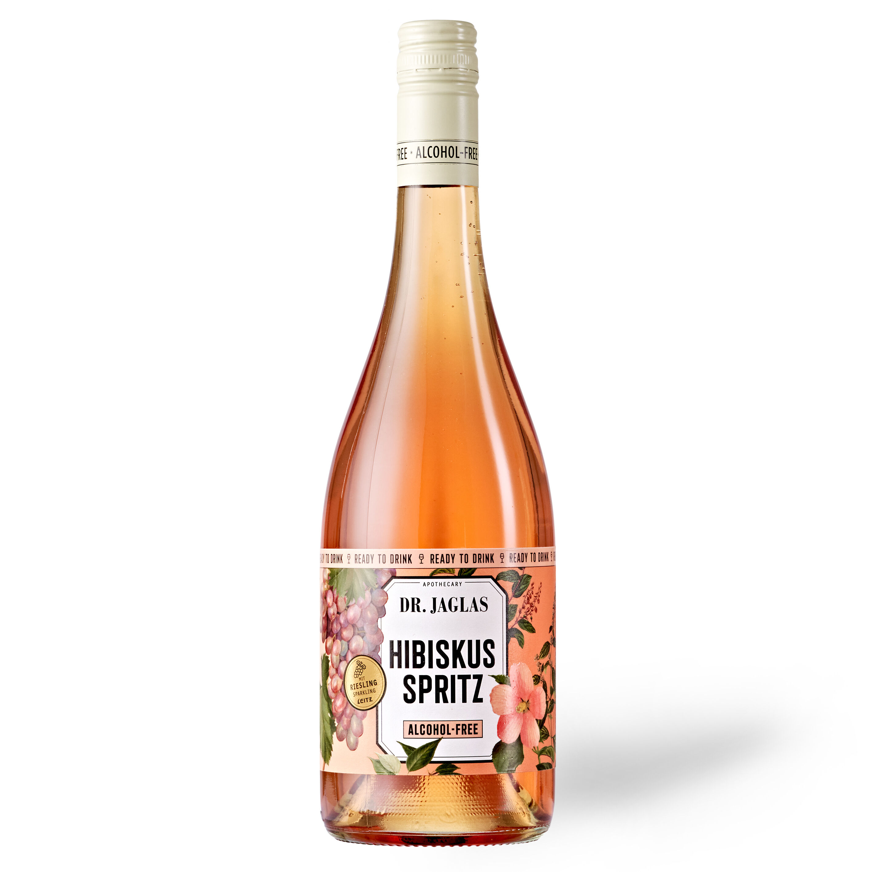 Eine Flasche »Hibiskus Spritz«, alkoholfreier Aperitif, im 3er-Set. Das Etikett zeigt ein florales Design mit hibiskusroten und grünen Farben, um einen festlichen Eindruck zu vermitteln.