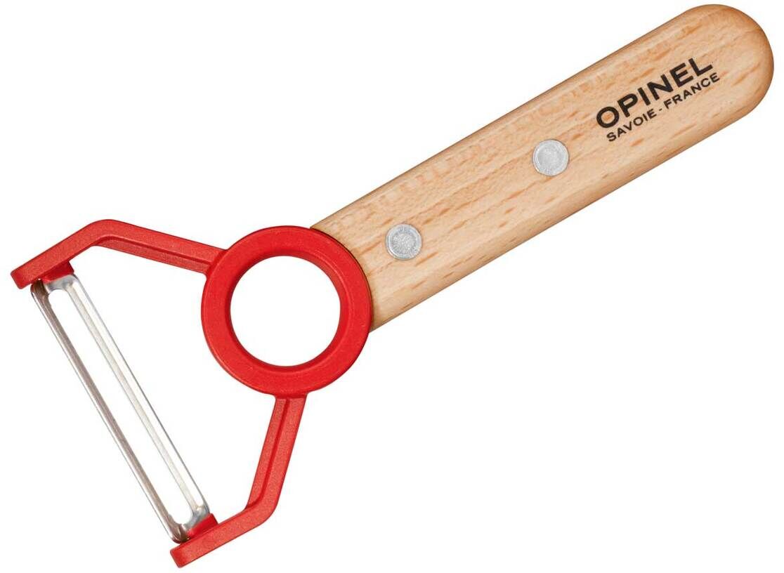 Ein Kinder-Kochmesser-Set mit einem ergonomischen Holzgriff und einer roten Sicherung. Das Set ist kindgerecht gestaltet und eignet sich hervorragend als Geschenk für Anlässe wie Weihnachten oder Geburtstage.