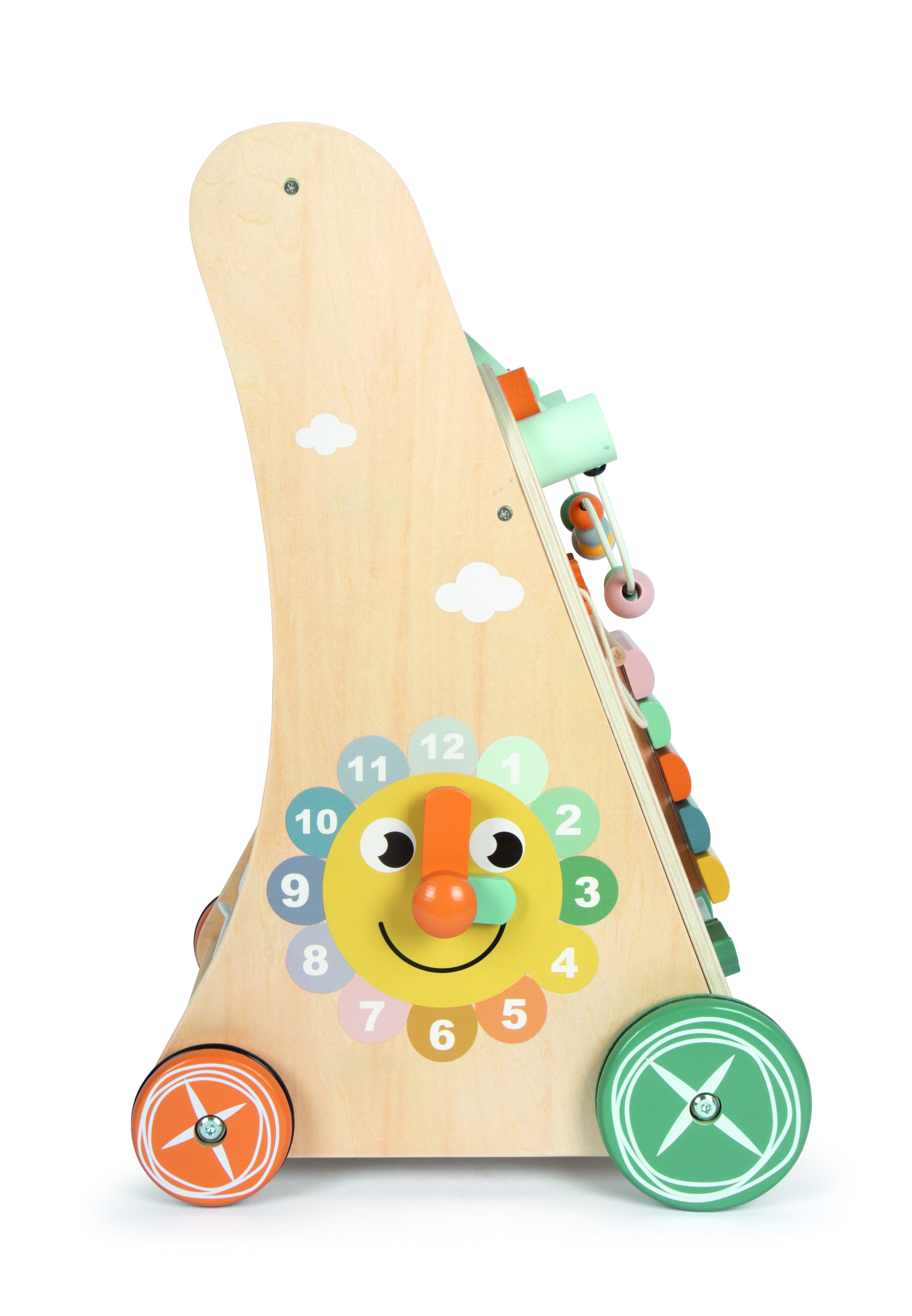 Seitenansicht eines farbenfrohen Lauflernwagens aus Holz mit Safari-Motiv und lachendem Gesicht vorne. Der Wagen hat bunte Räder, eine integrierte Uhr und Motorik-Elemente. Geeignet für Kleinkinder zur Förderung der ersten Schritte und motorischen Entwicklung.