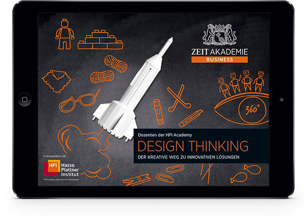 Ein auf einem Tablet angezeigtes Werbemotiv für ein »Design Thinking«-Seminar der Zeit Akademie Business, angeboten von der HPI Academy. Es zeigt Zeichnungen von kreativen Symbolen wie einem Raketenstart und Glühbirnen.