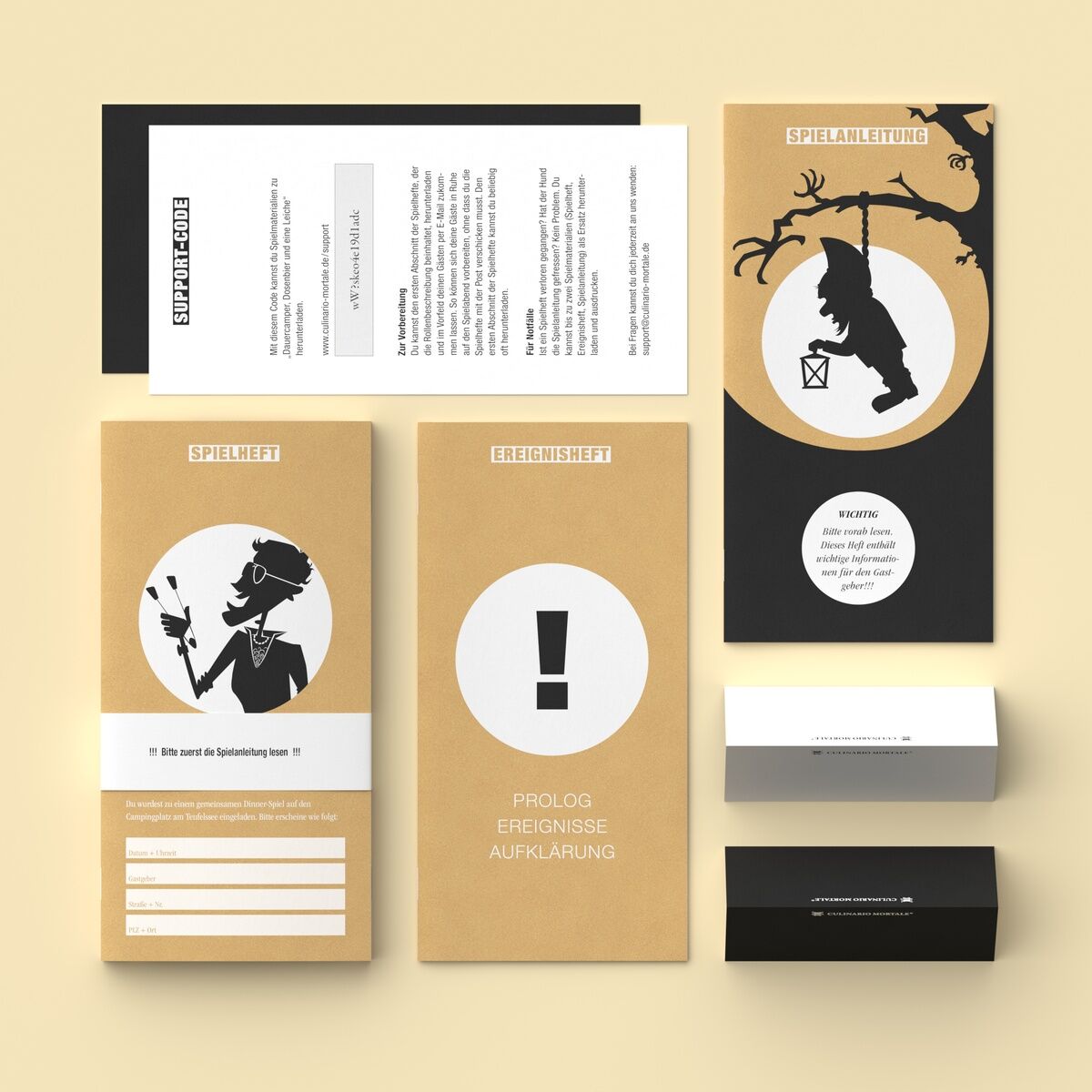 Das Bild zeigt das Krimi-Dinner Spiel „Dauercamper, Dosenbier und eine Leiche“ mit verschiedenen Spielkomponenten, darunter ein Spielheft, eine Spielanleitung und eine Ereigniskarte. Die Farben Beige, Weiß, Schwarz und Braun dominieren das Design, welches camping- und kriminalitätsbezogene Grafiken enthält.