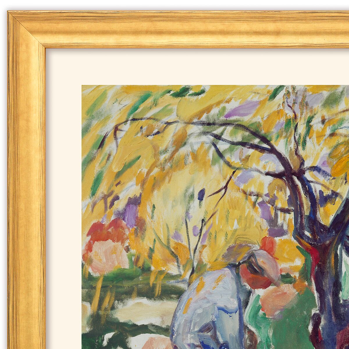 Detail des gerahmten Kunstdrucks „Apfelbaum“ von Edvard Munch. Die Szene zeigt herbstlich gelbe und orange Blätter an einem geschwungenen Apfelbaum, darunter zwei Personen in gedeckten Farben. Der goldene Rahmen betont das kunstvolle, ausdrucksstarke Herbstmotiv.