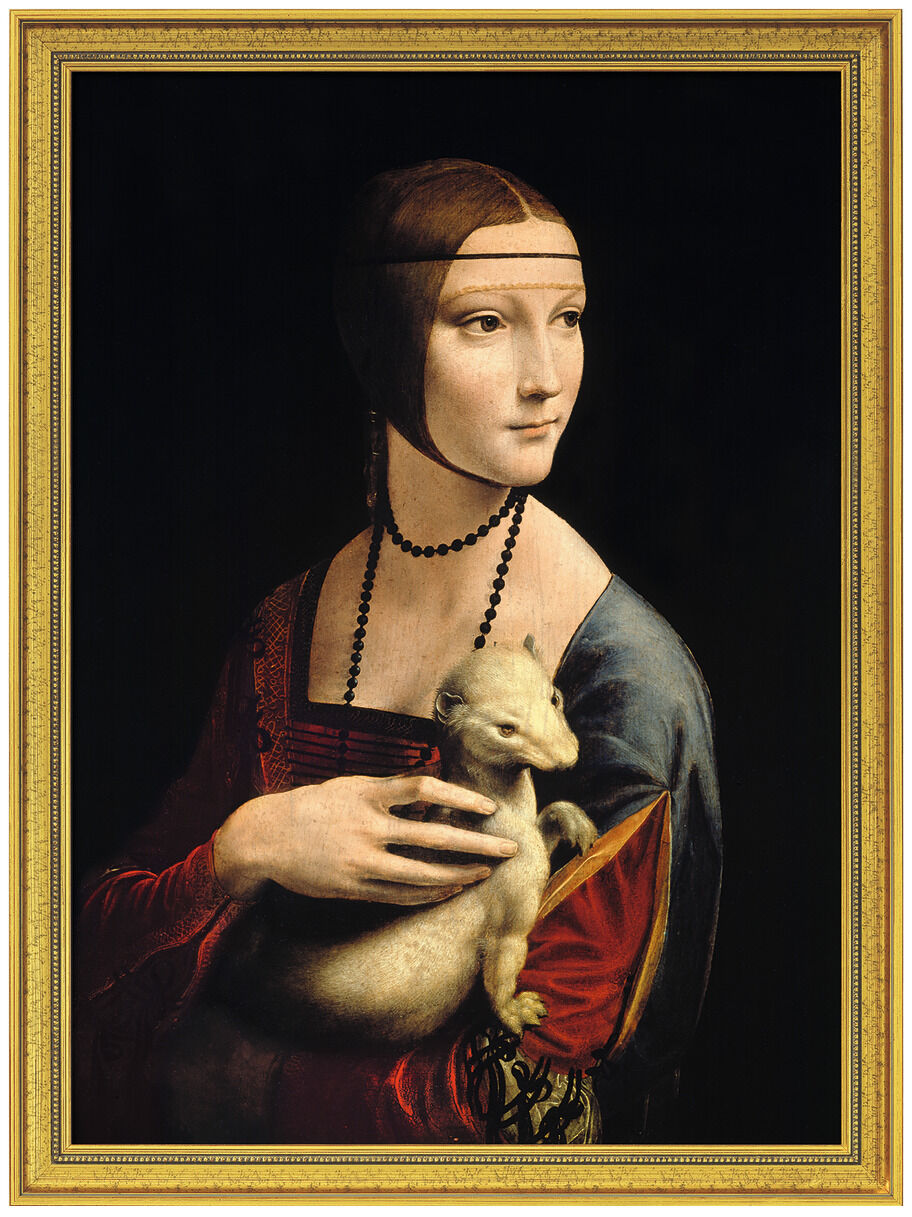 Gerahmtes Bild 'Die Dame mit dem Hermelin' von Leonardo da Vinci zeigt eine junge Frau in eleganter Renaissancekleidung, die ein Hermelin im Arm hält. Der Hintergrund ist dunkel, was die Farben der Kleidung und den Ausdruck der Porträtierten besonders hervorhebt. Das Gemälde ist von einem goldenen Rahmen umgeben.