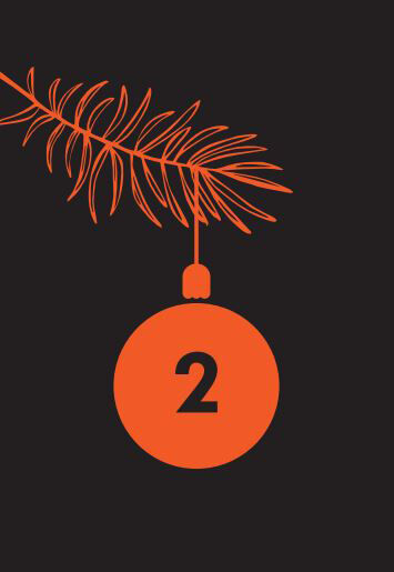 Adventskarte aus der Serie 'ZEIT Verbrechen Adventskarten'. Die Karte zeigt einen schwarzen Hintergrund mit einem orangefarbenen Tannenzweig, von dem eine orangefarbene Kugel mit der Nummer 2 hängt.