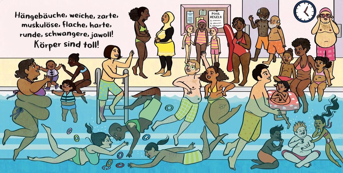 Eine bunte Illustration in einem Schwimmbad. Verschiedene Menschen, darunter Kinder und Erwachsene, schwimmen und spielen im und um das Becken herum. Einige Personen sind schwanger, andere haben unterschiedliche Körperformen und Hautfarben. Alle wirken zufrieden und fröhlich. Im Hintergrund gibt es eine Uhr und eine Umkleidekabine.