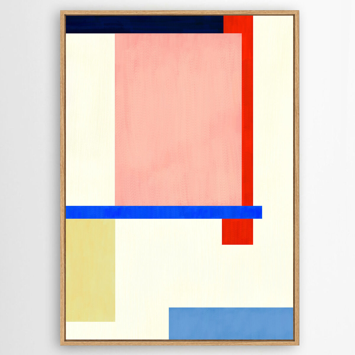 Abstraktes Leinwandbild mit geometrischen Formen in den Farben Pastellrosa, Dunkelblau, Rot, Beige, Hellblau und Cremeweiß. Das Kunstwerk hat einen minimalistischen Stil und ist in einem schlichten Holzrahmen präsentiert. Das Bild eignet sich als moderne Wanddekoration für verschiedene Wohn- oder Arbeitsbereiche.