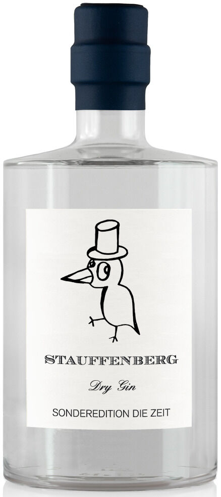 Die Flasche von Stauffenberg Gin ZEIT-Sonderedition zeichnet sich durch ein minimalistisches Design aus. Auf dem weißen Etikett ist eine schwarz gezeichnete Vogel-Illustration abgebildet, die einen Zylinder trägt. Die klare Glasflasche hat einen dunkelblauen Verschluss.