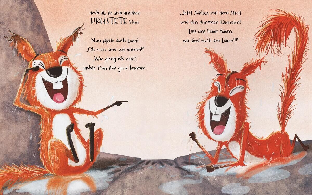 Die Illustration zeigt zwei lachende Eichhörnchen in einer humorvollen Szene aus dem Kinderbuch 'Die Streithörnchen'. Die Eichhörnchen haben orangefarbenes Fell mit weißen und schwarzen Akzenten und sitzen auf einer grauen Oberfläche. Im Hintergrund ist ein rosafarbener Himmel zu sehen. Der Text im Buch erzählt eine lustige Geschichte über Streit und Versöhnung.