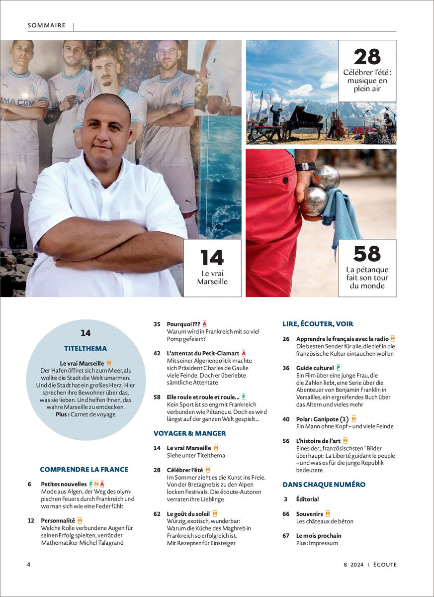 Titelseite des Écoute Magazins Ausgabe 08/2024. Oben links ein Mann in weißem T-Shirt, in der Mitte ein Strandbild und rechts eine Hand, die einen Ball hält.