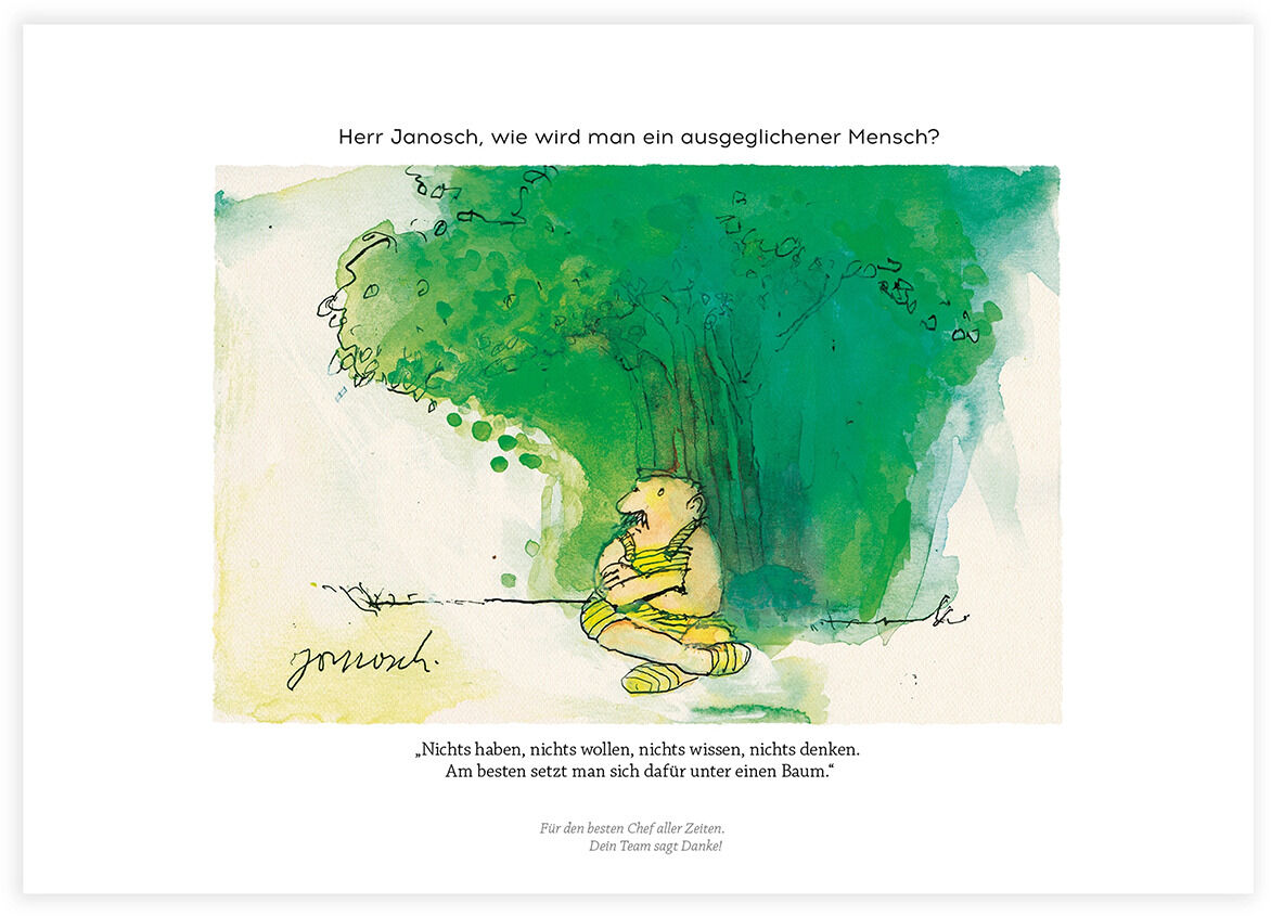 Eine Illustration aus dem Buch 'Janosch: »Herr Janosch, wie wird man ein ausgeglichener Mensch?«'. Sie zeigt eine Figur, die unter einem großen grünen Baum sitzt. Der Hintergrund ist in sanften, aquarellartigen Farben gehalten. Der Text im Bild fragt: 'Herr Janosch, wie wird man ein ausgeglichener Mensch?'