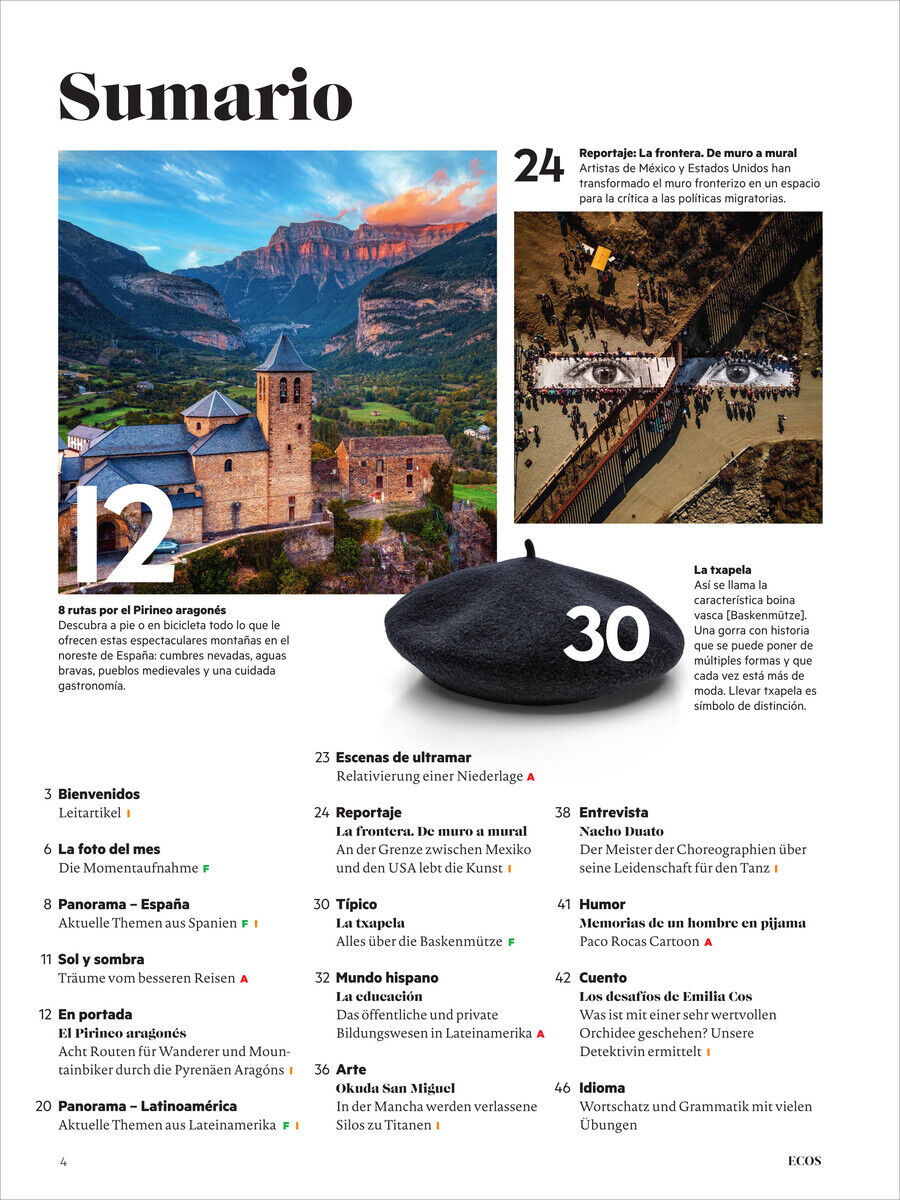 Das Bild zeigt das Cover und Inhaltsverzeichnis des Ecos Magazin 11/2024. Es enthält farbenfrohe Fotos von spanischen Landschaften und Sehenswürdigkeiten, sowie eine Liste der Themen und Artikeln im Magazin mit Seitenzahlen.