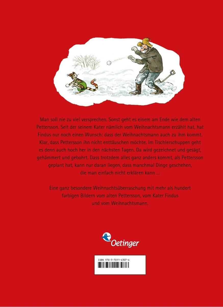 Ein Kinderbuchcover mit dem Titel 'Morgen, Findus, wird's was geben' von Oetinger. Zwei Figuren spielen im Schnee, darunter ein älterer Mann und eine Katze. Der Hintergrund ist rot mit weißem Text.