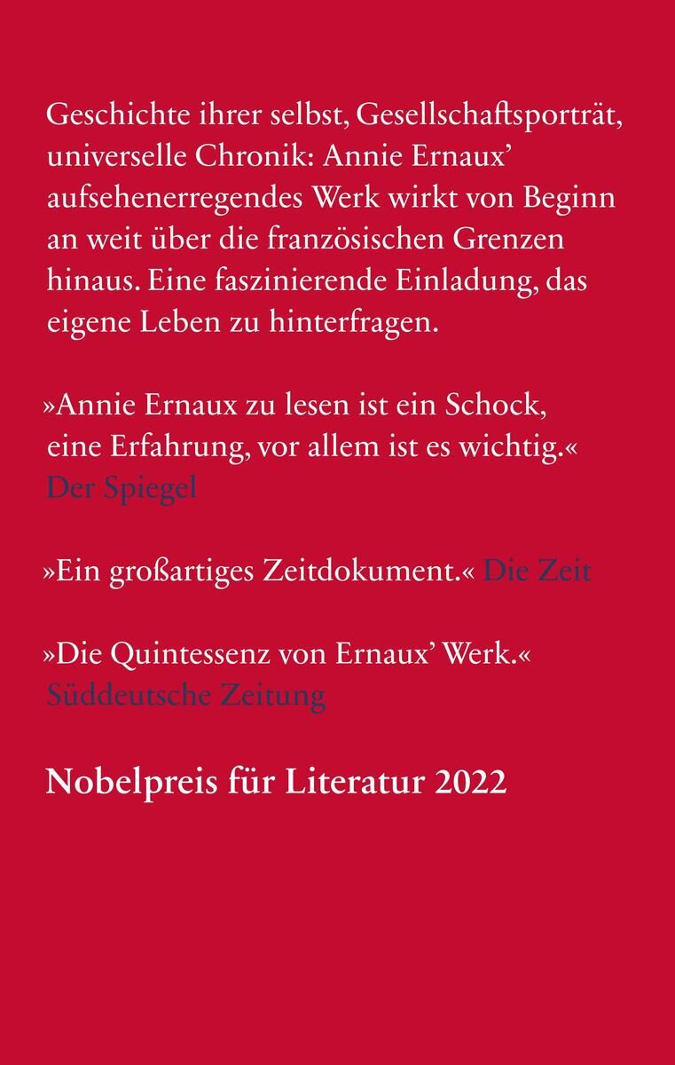 Rotes Buchcover mit weißem und gelbem Text. Der Titel lautet "Ernaux, A: Jahre". Mehrere Zitate von bekannten Zeitschriften und der Hinweis auf den Nobelpreis für Literatur 2022 sind ebenfalls abgebildet.