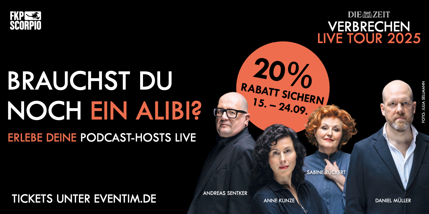 Schwarzer Hintergrund mit weißem und orangefarbenem Text: 'BRAUCHST DU NOCH EIN ALIBI?'. Darunter steht '20% RABATT SICHERN 15. - 24.09.' und 'TICKETS UNTER EVENTIM.DE'.