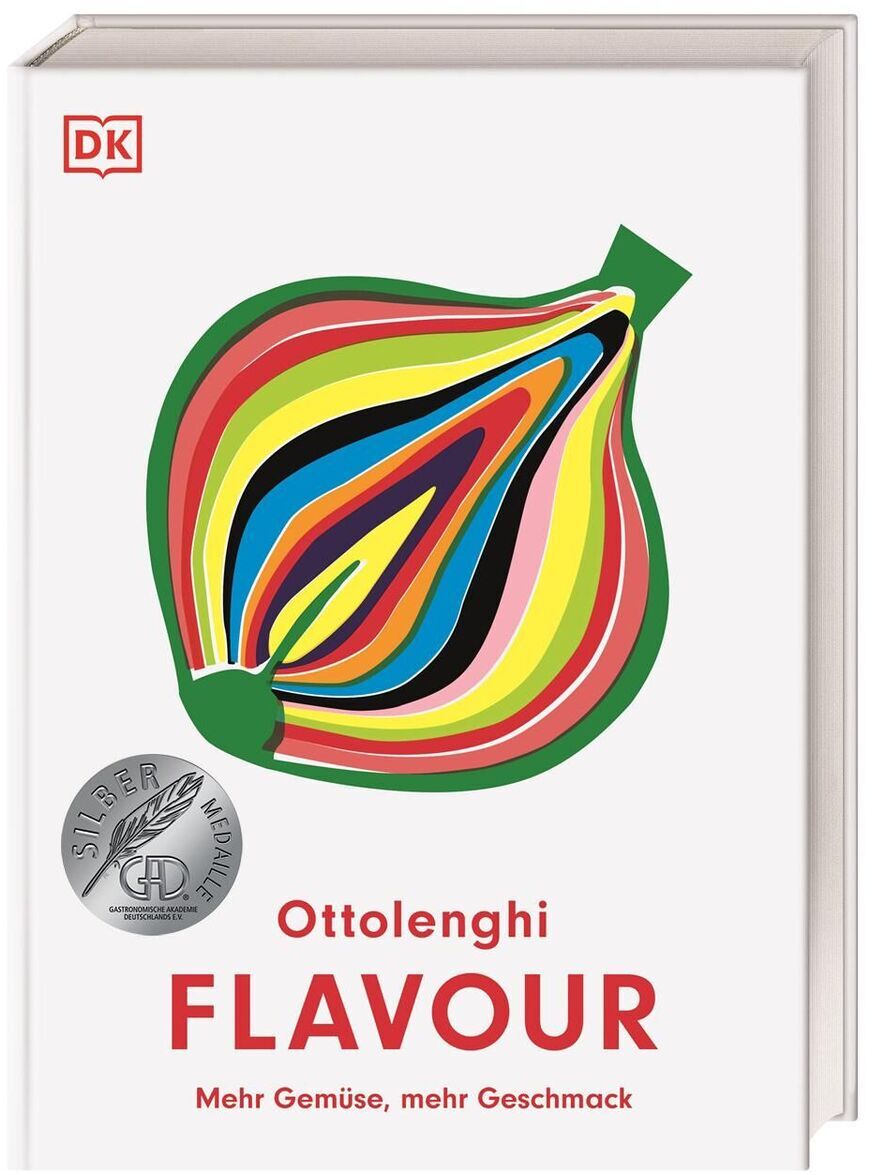 Das Bild zeigt das Buchcover von 'Ottolenghi: Flavour' von Yotam Ottolenghi. Auf dem weißen Cover ist eine bunte, stilisierte Darstellung eines Gemüseelementes abgebildet. Ein silbernes Medaillonsymbol befindet sich auf der linken Seite des Covers. Der Titel des Buches ist in roten Buchstaben geschrieben.