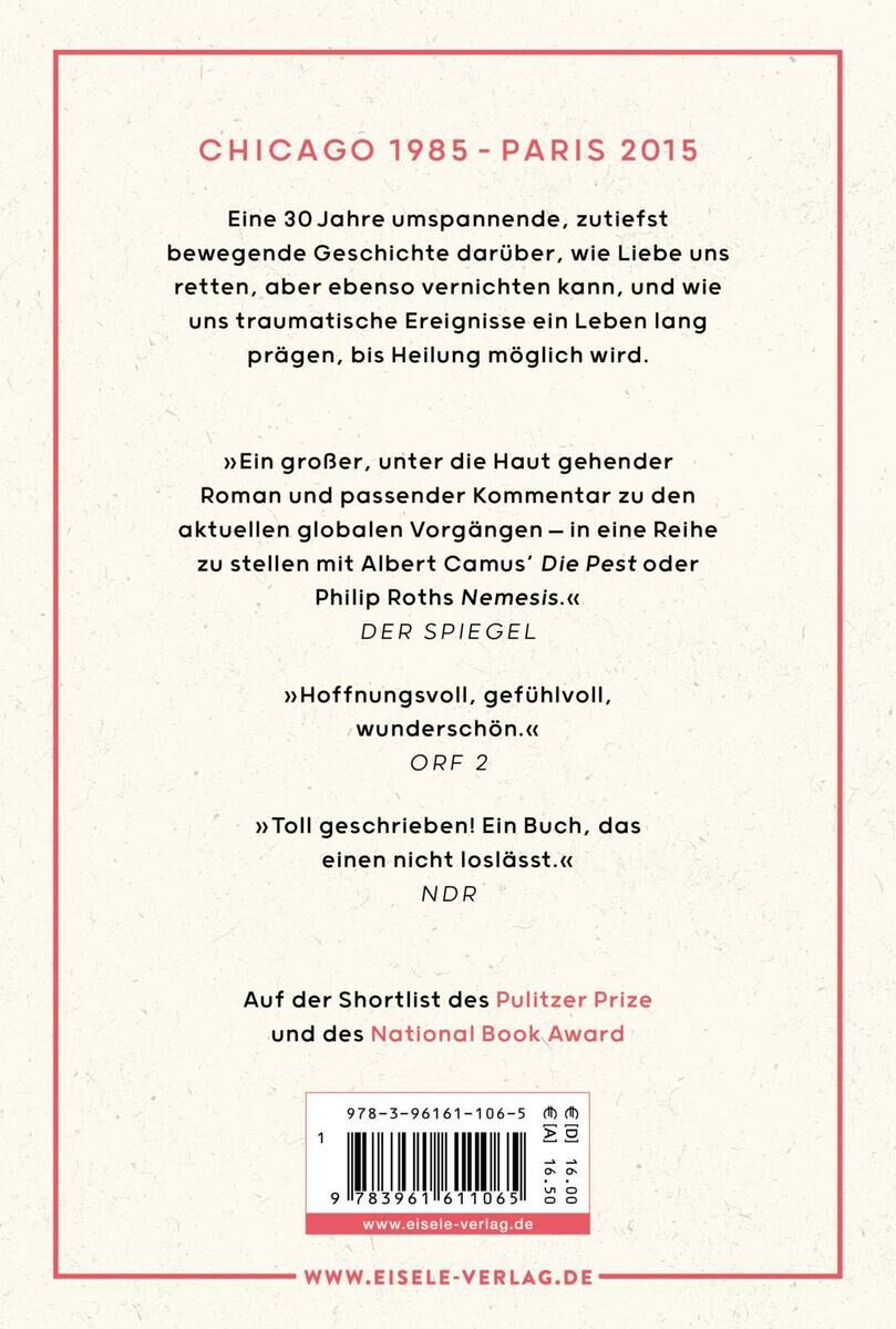 Rückseite des Buches 'Optimisten' von R. Makkai. Der Text beschreibt das Buch, gibt verschiedene Rezensionen und erwähnt Nominierungen für den Pulitzer Prize und den National Book Award. Der Hintergrund ist weiß mit schwarzem, rotem und rosa Text sowie Logos des Verlags Eisele.