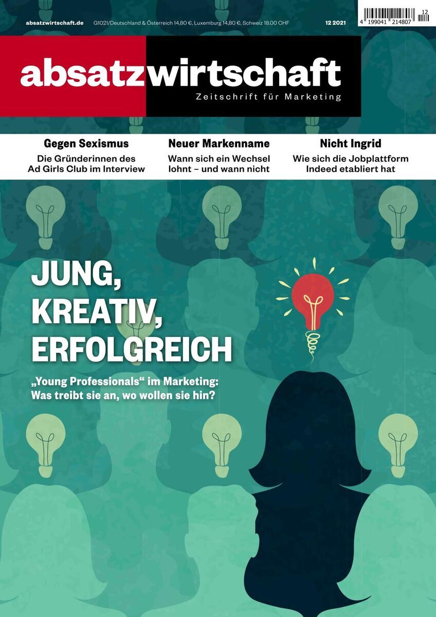 Cover der Ausgabe 12/21 der Zeitschrift 'absatzwirtschaft'. Titel: 'Jung, Kreativ, Erfolgreich' mit einer Illustration einer Silhouette eines Kopfes auf einem grünen Hintergrund, umgeben von Glühbirnen. Weitere Artikel: Gegen Sexismus, Neuer Markenname, Nicht Ingrid.