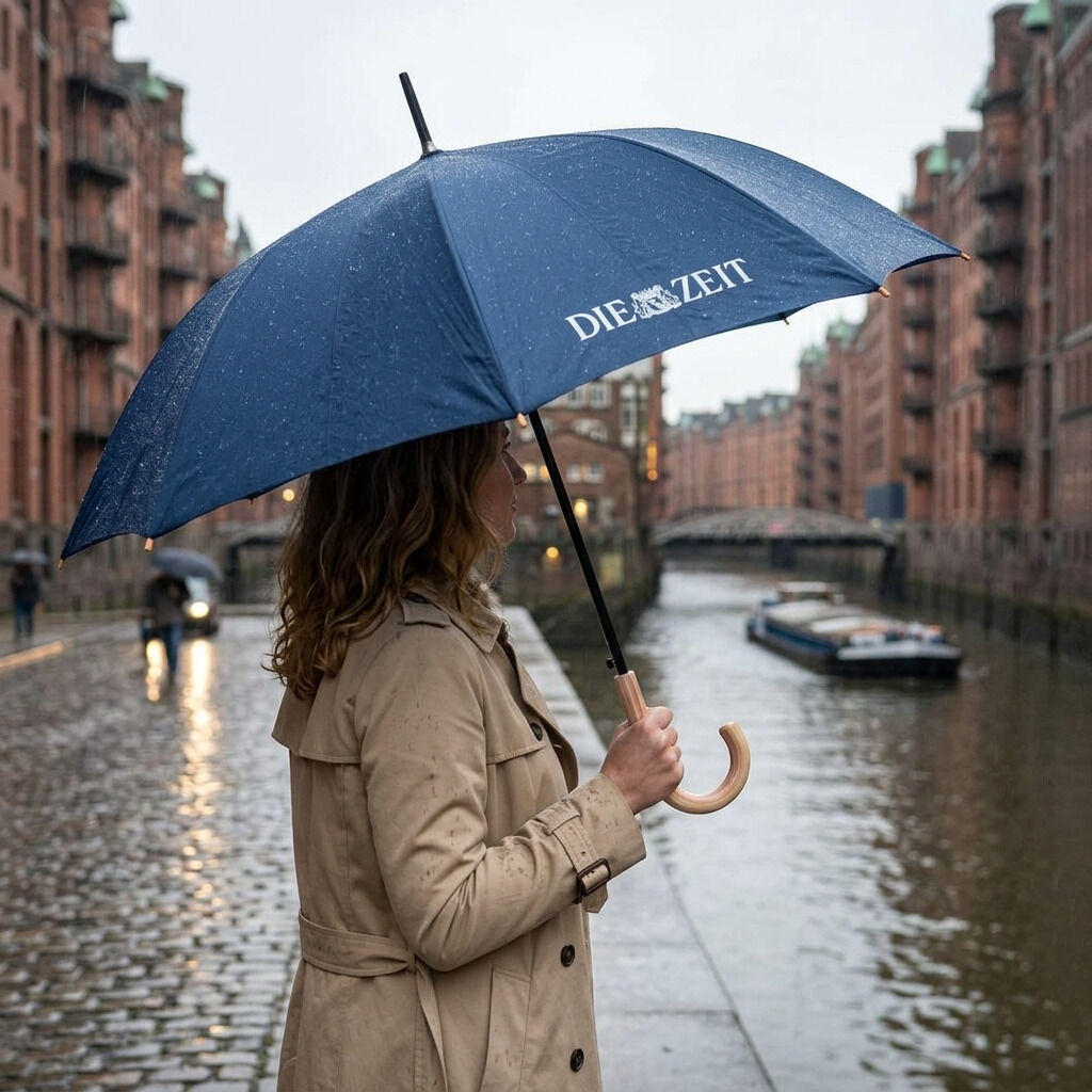 Eine Frau im beigen Trenchcoat steht an einem regennassen Flussufer in einer Stadt und hält einen dunkelblauen Regenschirm mit der weißen Aufschrift 'DIE ZEIT'. Im Hintergrund sind Backsteingebäude, ein Wasserweg und Brücken zu sehen. Der Holzgriff ist edel geschwungen.
