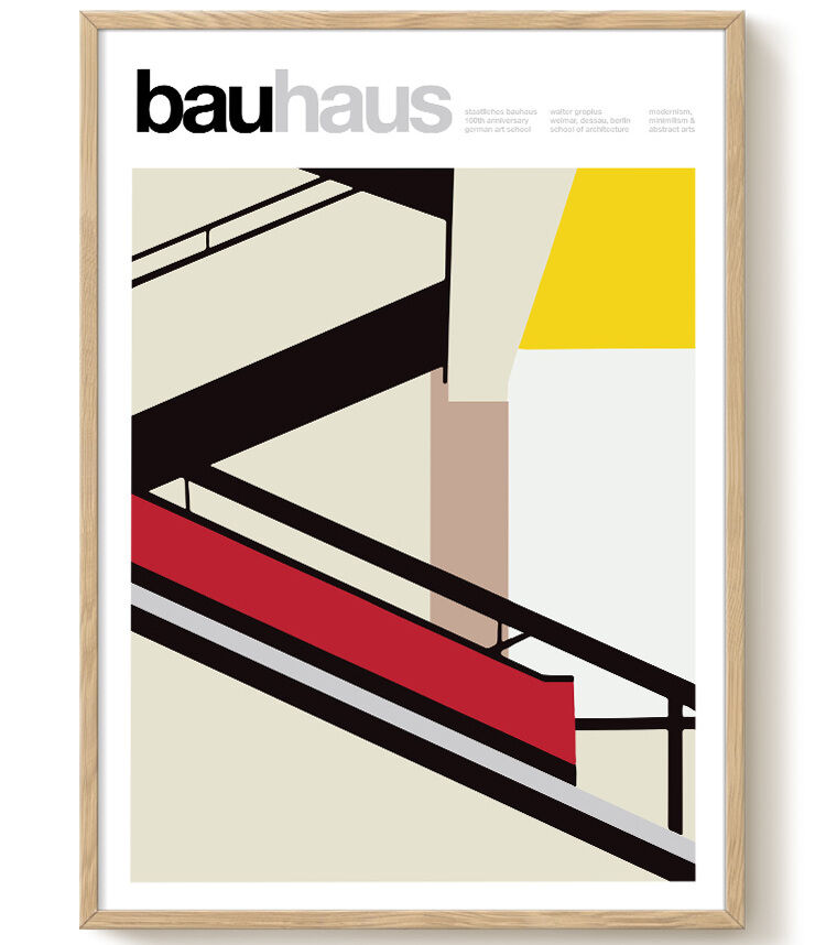 Ein gerahmtes Poster mit dem Titel »The Bauhaus Stairs«, das minimalistisches und abstraktes Design zeigt. Es beinhaltet geometrische Formen in Gelb, Rot, Schwarz, Weiß und Beige. Das Kunstwerk spiegelt den Bauhaus-Stil wider und eignet sich für eine moderne und kunstorientierte Inneneinrichtung.