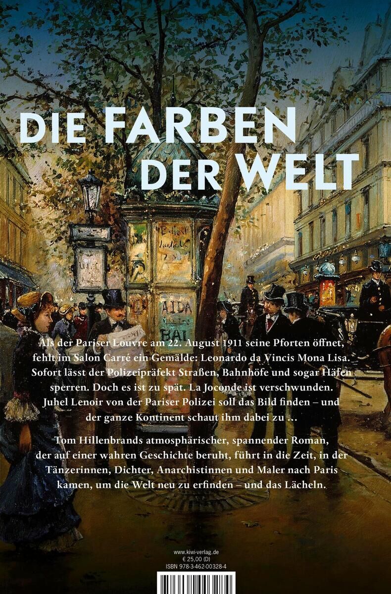 Das Bild zeigt das Buchcover des Romans 'Hillenbrand, T: Erfindung des Lächelns'. Das Cover zeigt eine historische Pariser Straßenszene mit Architektur und Menschen, die durch eine atmosphärische und farbenfrohe Darstellung im späten 19. oder frühen 20. Jahrhundert inspiriert ist. Im oberen Teil des Covers steht der Titel des Buches in weißen Großbuchstaben.