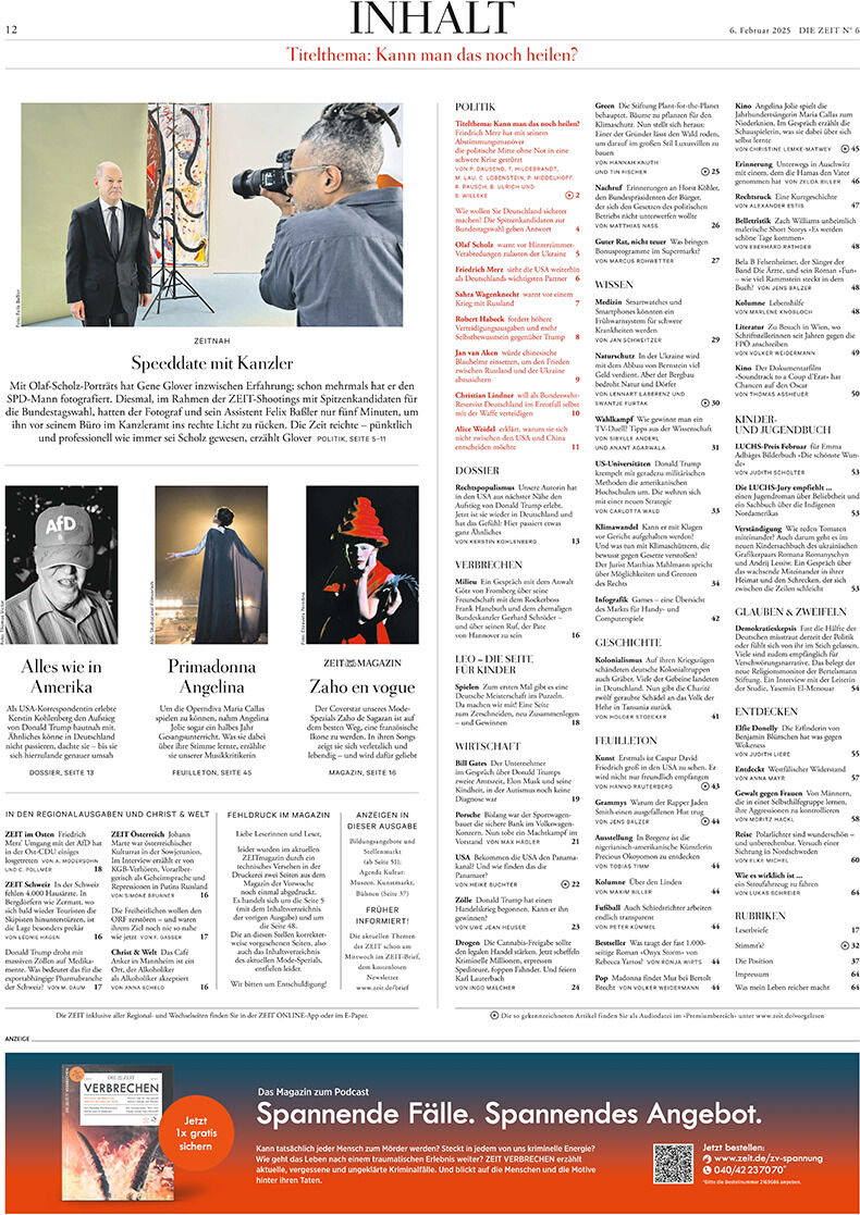 Eine Seite der Zeitung DIE ZEIT 6/2025 mit Artikeln zu verschiedenen Themen wie Politik, Kultur und Wirtschaft. Enthält Bilder und Überschriften zu aktuellen Nachrichten.