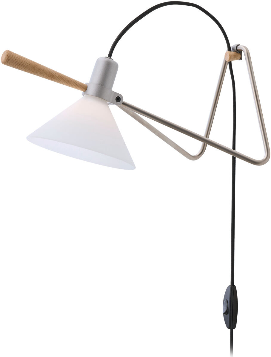 Moderne Tisch- oder Hängelampe mit einem weißen Lampenschirm, Metallgestell, holzfarbenem Griff und schwarzem Kabel. Die Lampe hat ein minimalistisches Design, geeignet für Innenräume.