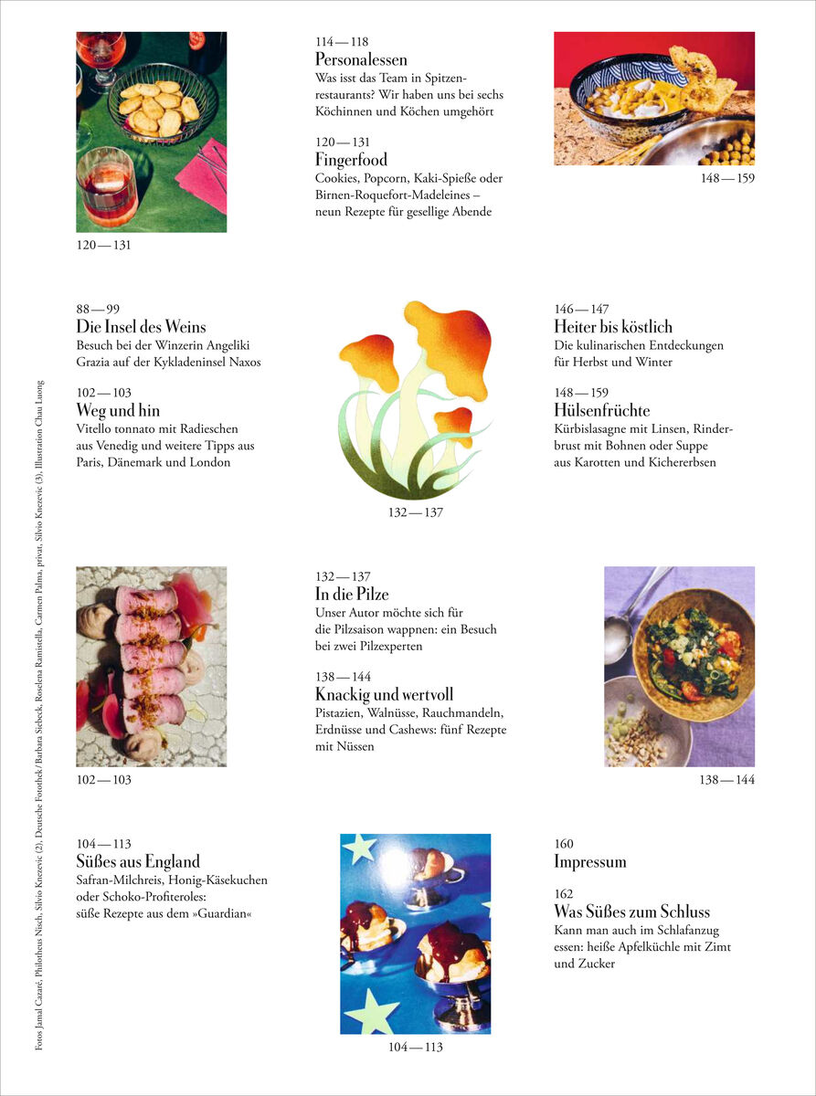 In einem weißen Magazinlayout sind verschiedene Foodbilder und Themenüberschriften mit Seitenzahlen angeordnet, darunter Gerichte wie Plätzchen, Suppen, Fleisch und bunte Desserts. Zentral illustriert sind orange-gelbe Pilze, daneben kurze Textbeschreibungen zu jeder Rubrik.
