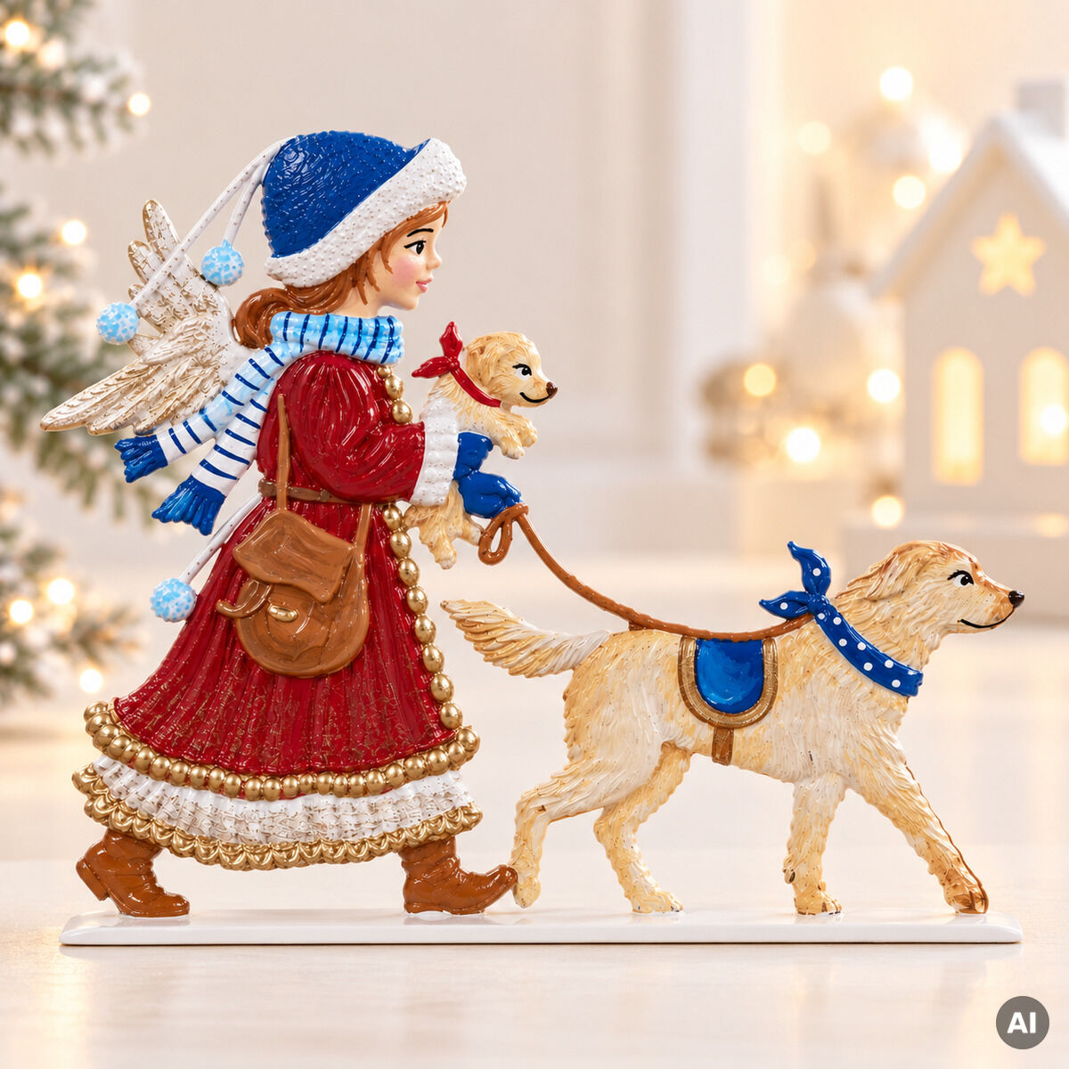 Detailreiche Zinnfigur von Wilhelm Schweizer: Ein Engel im roten Mantel, mit blauer Mütze und Schal, hält einen kleinen Hund im Arm und führt einen größeren beige-goldenen Hund an der Leine durch eine verschneite Winterlandschaft mit leuchtenden Dekoelementen im Hintergrund.