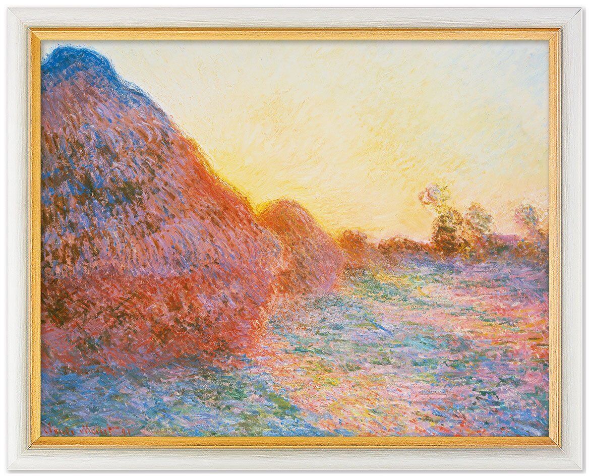 Das Gemälde 'Strohschober im Sonnenlicht' von Claude Monet aus dem Jahr 1891 zeigt eine impressionistische Landschaft mit Heuhaufen in warmem Sonnenlicht. Die dominierenden Farben sind Blau, Gelb, Orange, Grün und Rot.