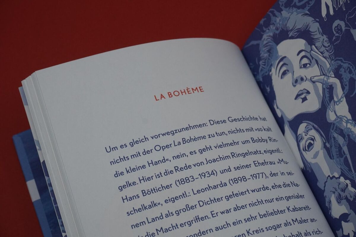 Buch ‚Nielsen, Asta: Im Paradies‘ geöffnet, linksseitige Seite zeigt Text auf Deutsch über die Oper ‚La Bohème‘, rechtsseitige Seite zeigt künstlerische Illustrationen in blau-weißen Tönen.